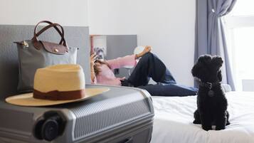 A bed with a suitcase, a hat, and a dog.
