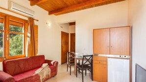 Un espacio habitable compacto con kitchenette, un sofá, una mesa de comedor y un televisor.