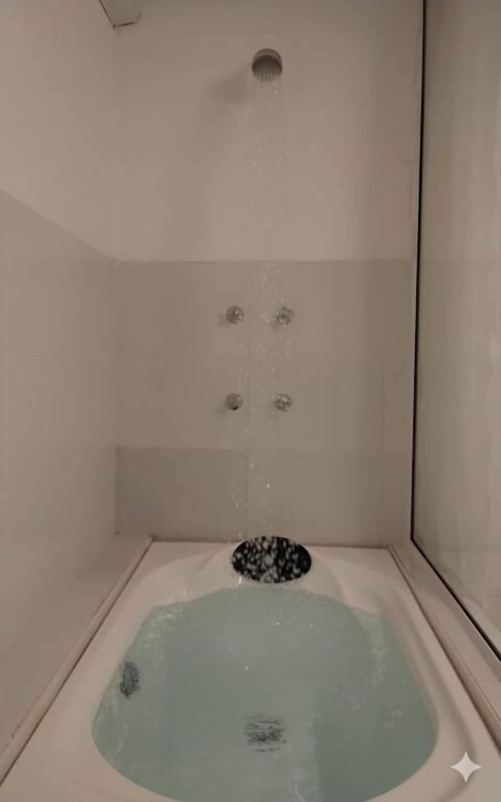 A small, enclosed bathtub with a showerhead above it, surrounded by plain walls.