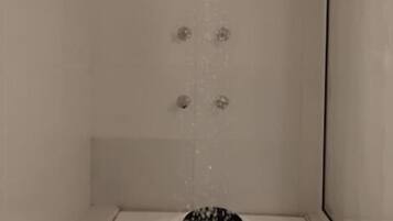 A small, enclosed bathtub with a showerhead above it, surrounded by plain walls.