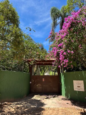 A gated entrance with a metal gate, surrounded by green walls and flowering trees. - SUITES - Românticas na Natureza para Adultos (Itapecerica da Serra)