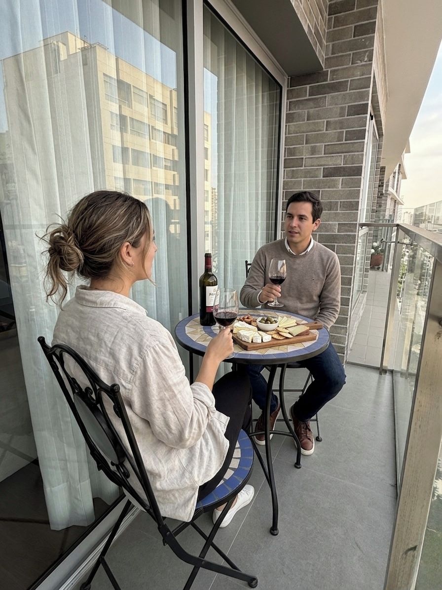 Twee personen zitten aan een ronde tafel op een balkon, met uitzicht op gebouwen.