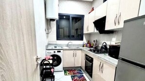 Une cuisine de taille réduite équipée d’un lave-linge, d’un évier et d’un réfrigérateur.