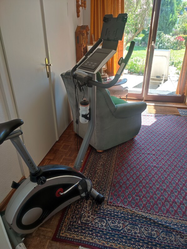 A stationary exercise bike in a room with a patterned rug, a door, and a view of a garden through a glass door. - HELLO AND WELCOME. (Rostock)