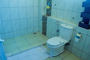 Douche, serviettes fournies, savon, papier toilette
