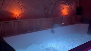 Jetted tub, towels, soap, toilet paper
