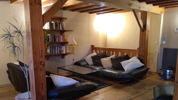 Ein gemütliches Wohnzimmer mit einer Ledersofa, einem Glastisch, Holzregalen und einer Topfpflanze.