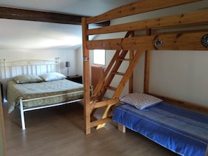 A room with two beds, one with a headboard and one with a ladder.