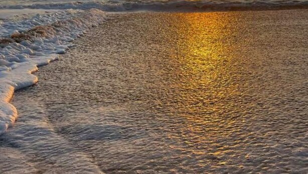 Une plage où les vagues viennent doucement lécher le rivage, avec un coucher de soleil en arrière-plan.