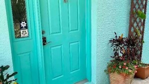 Une porte turquoise ornée d’une petite fenêtre, d’un treillis en bois et de deux plantes en pot fleuries.