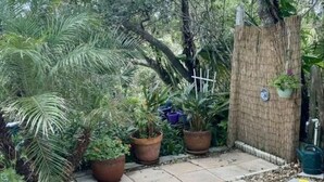 Un jardin agrémenté de plantes en pot, d’une clôture en bois et d’un chemin pavé de pierres.