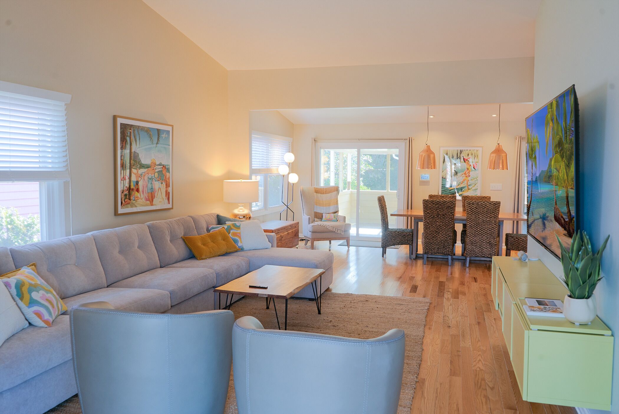 Mid-century inspired living space with clean lines and relaxes coastal styling