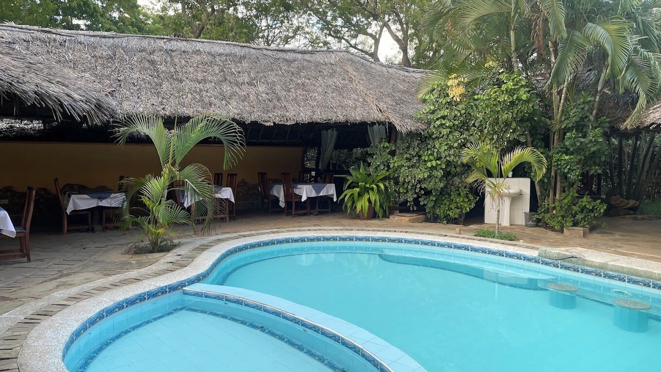 Un área de piscina con una estructura de techo de paja, rodeada de palmeras y follaje.