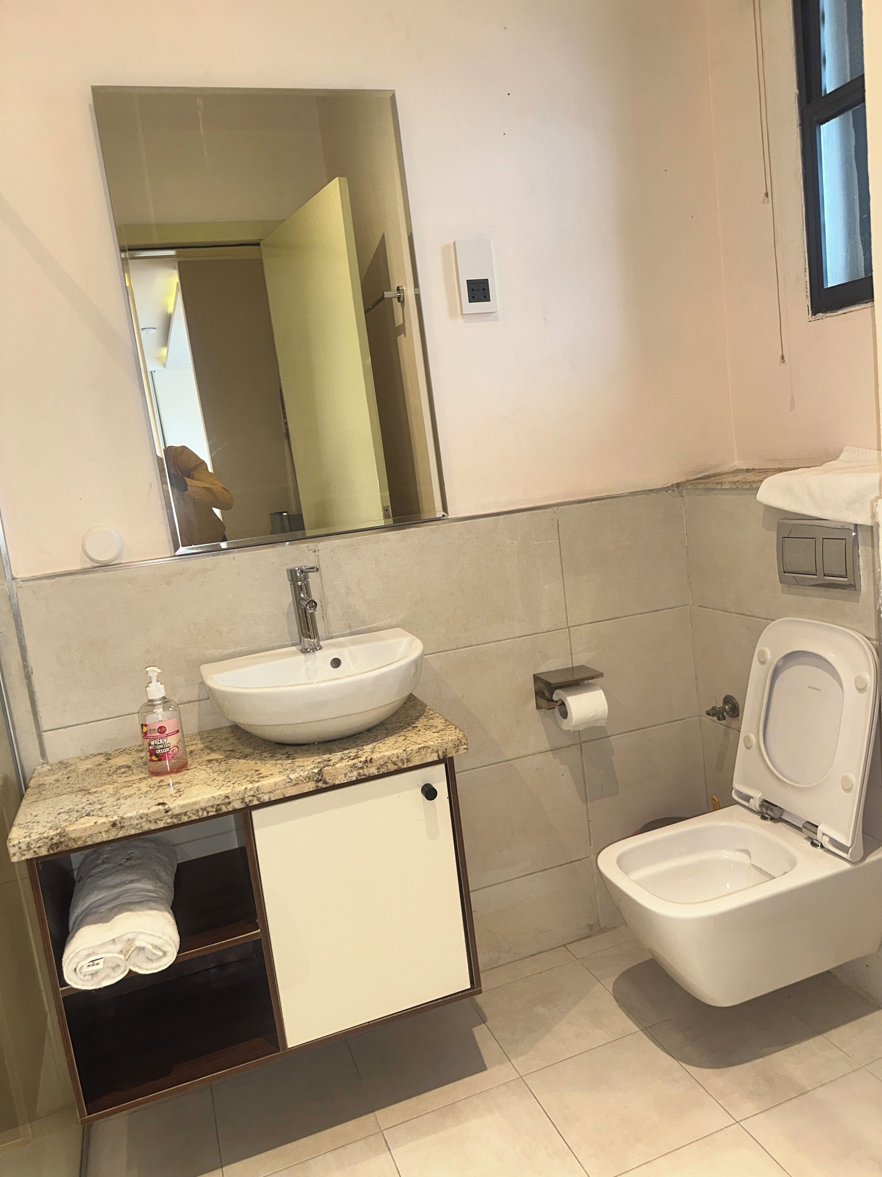 Une salle de bain équipée d’un lavabo, d’un miroir, de toilettes et d’un porte-serviettes.