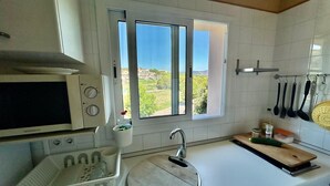 Eine Küche mit integriertem Mikrowellenherd, einem Spülbecken mit Holzschneidebrett und einem Fenster mit Blick auf Grünflächen und Gebäude.