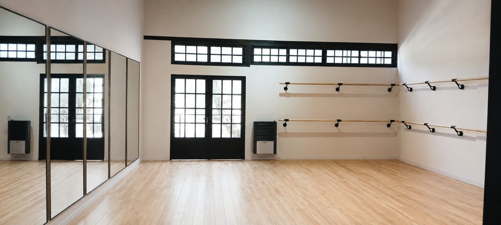 A spacious room with a wooden floor, large windows, and ballet barres on the wall.
