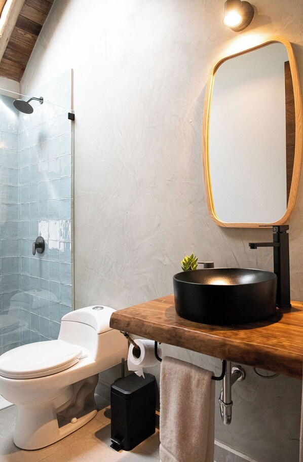 Une salle de bain avec une douche en verre, des toilettes blanches, un lavabo noir avec un plan de toilette en bois et un miroir avec un cadre doré.