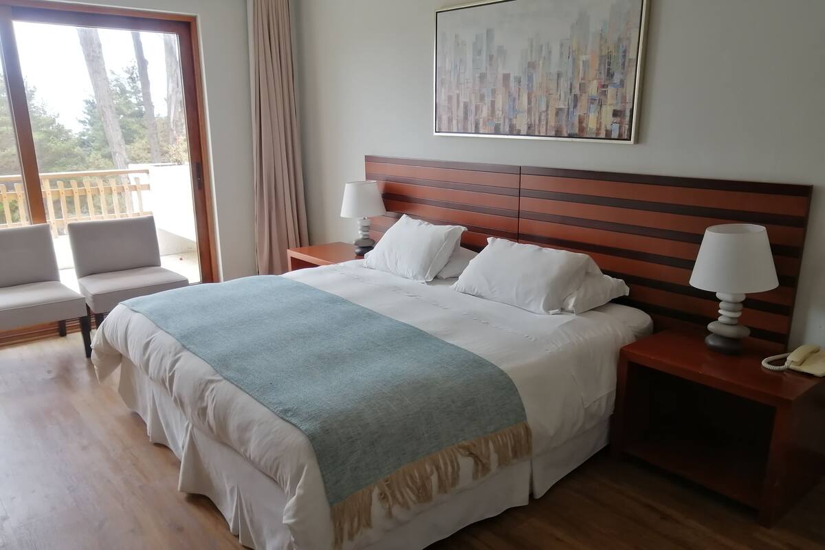 Une chambre d’hôtel avec un grand lit, deux tables de chevet, une chaise, un balcon donnant sur une vue agréable et un tableau au mur.