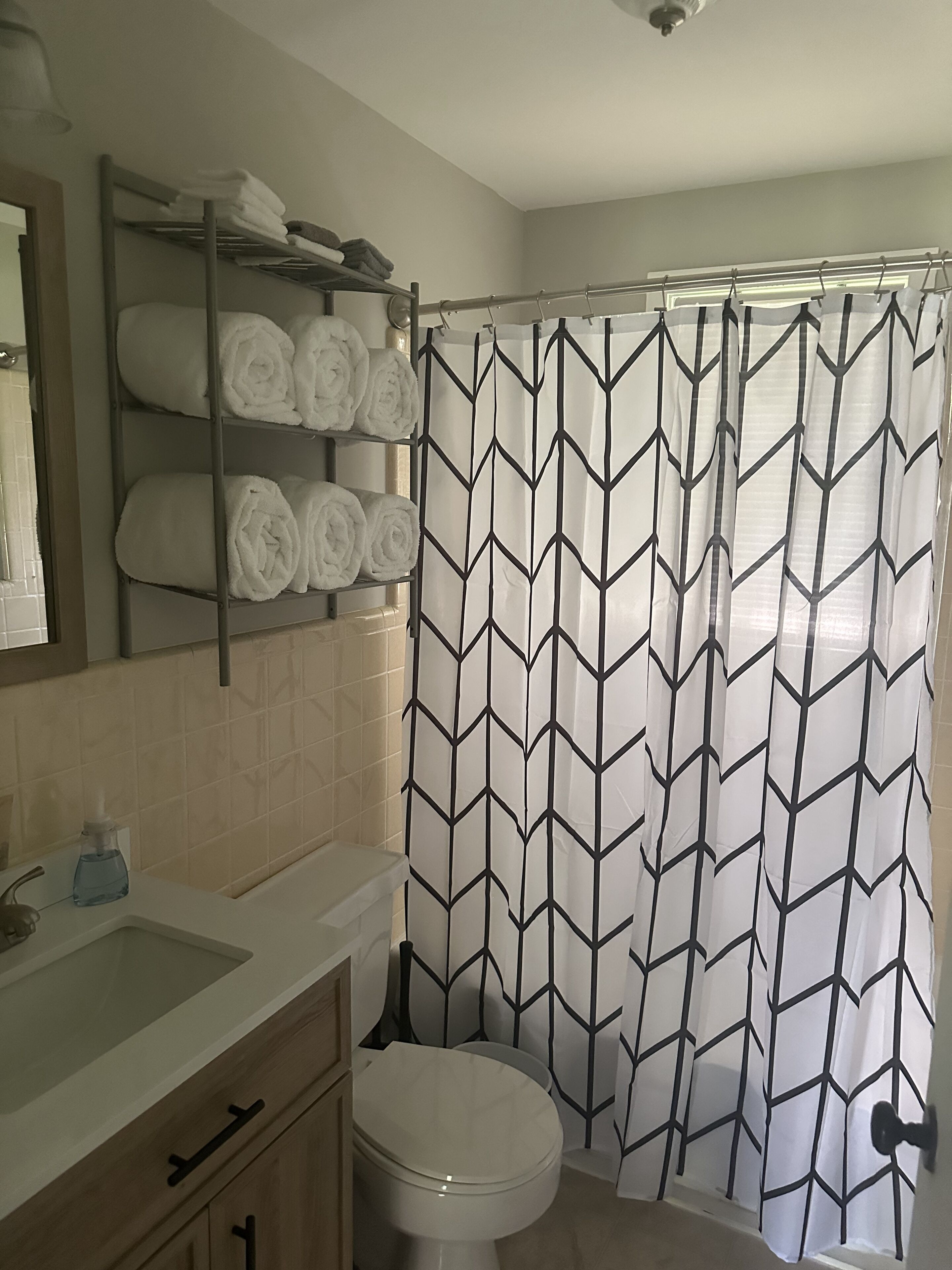 Une salle de bain équipée de toilettes, d’un lavabo et d’un porte-serviettes.