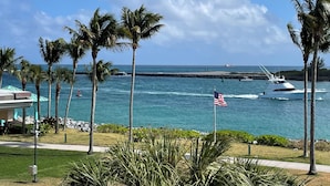 Blick auf das Wasserufer mit Palmen, einer Anlegestelle und einer Yacht.