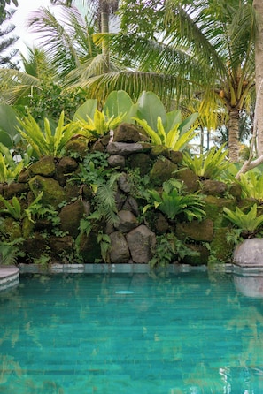 Ein Pool, der von einer Felswand und tropischen Pflanzen umgeben ist.