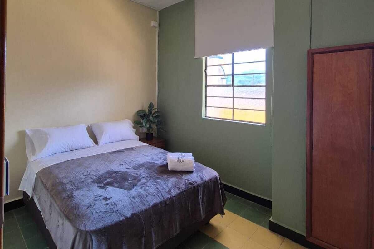 A bedroom with a bed, a window with blinds, a plant, and a wardrobe.