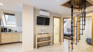 A modern loft bedroom with a skylight, a built-in TV, a staircase, and a kitchenette. - PRZY TERMACH - Pokoje Apartamenty Domki (Szaflary)