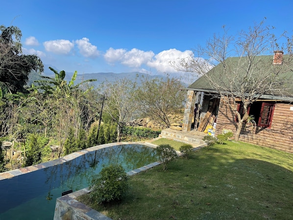 A rustic wooden house with a stone pool, surrounded by lush greenery and a clear sky.