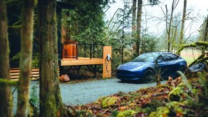Een blauwe auto geparkeerd in een bebost gebied met een houten terras en een stopcontact.