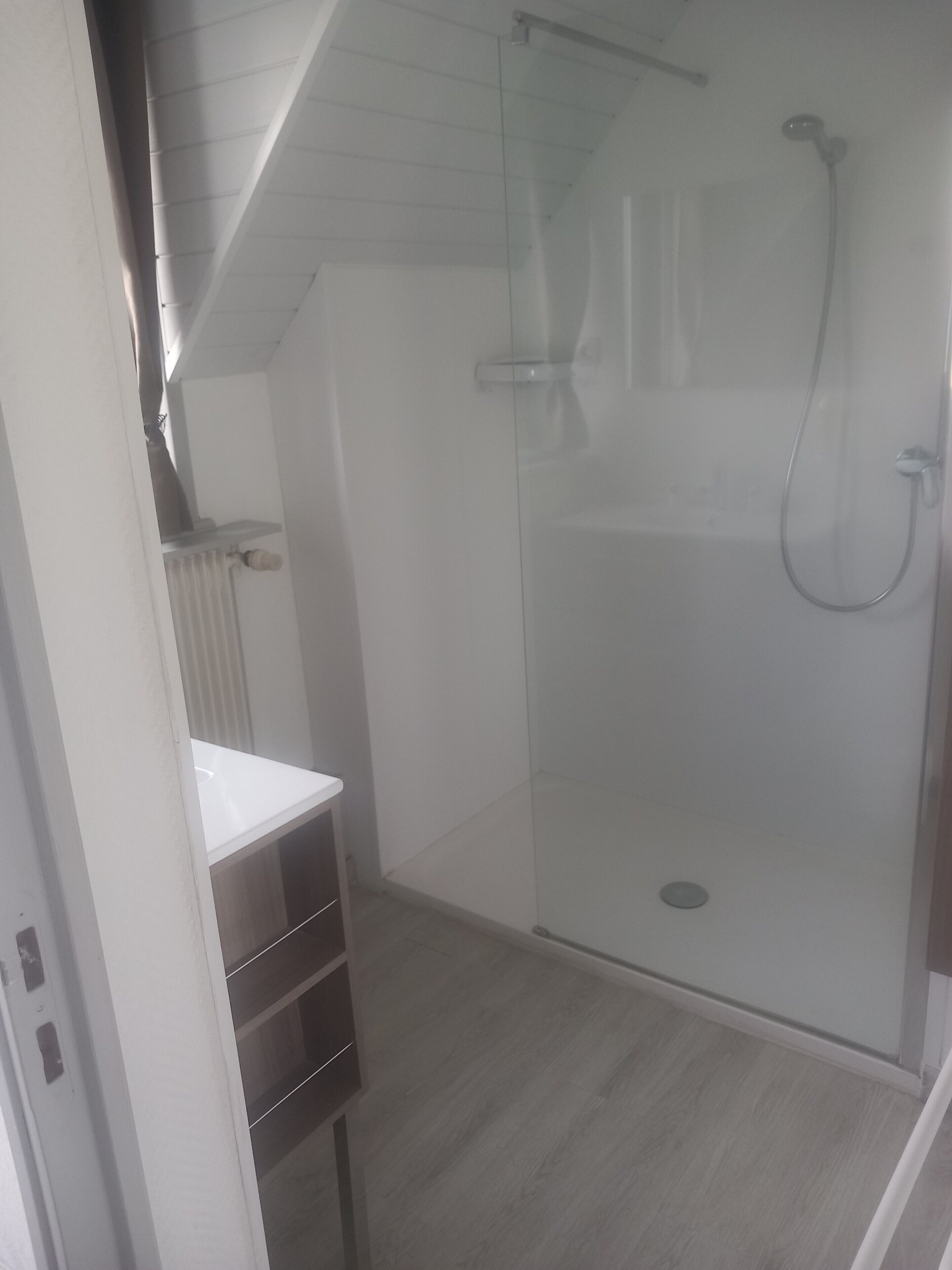 A modern bathroom with a glass shower enclosure, a white sink, and a wooden floor.