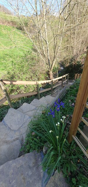 A stone staircase leading to a wooden deck with a view of a green field and a tree.