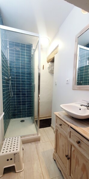 Shower, hair dryer, soap, toilet paper