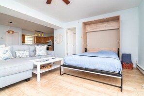 Un espacio habitable compacto con cama, sofá y una pequeña cocina.