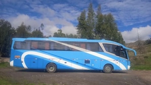 A large blue and white bus parked on a dirt road with trees and hills in the background. - Santa Cruz Trek (Huaraz)