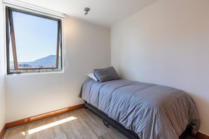 A small, single-bed room with a window, wooden flooring, and a view of a distant mountain. - Terrific 2-bedroom apartment in Las Condes perfect for your stay (Las Condes)