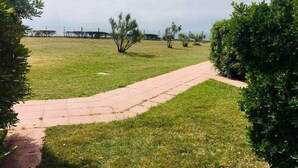 A grassy area with a paved walkway, surrounded by greenery and trees.