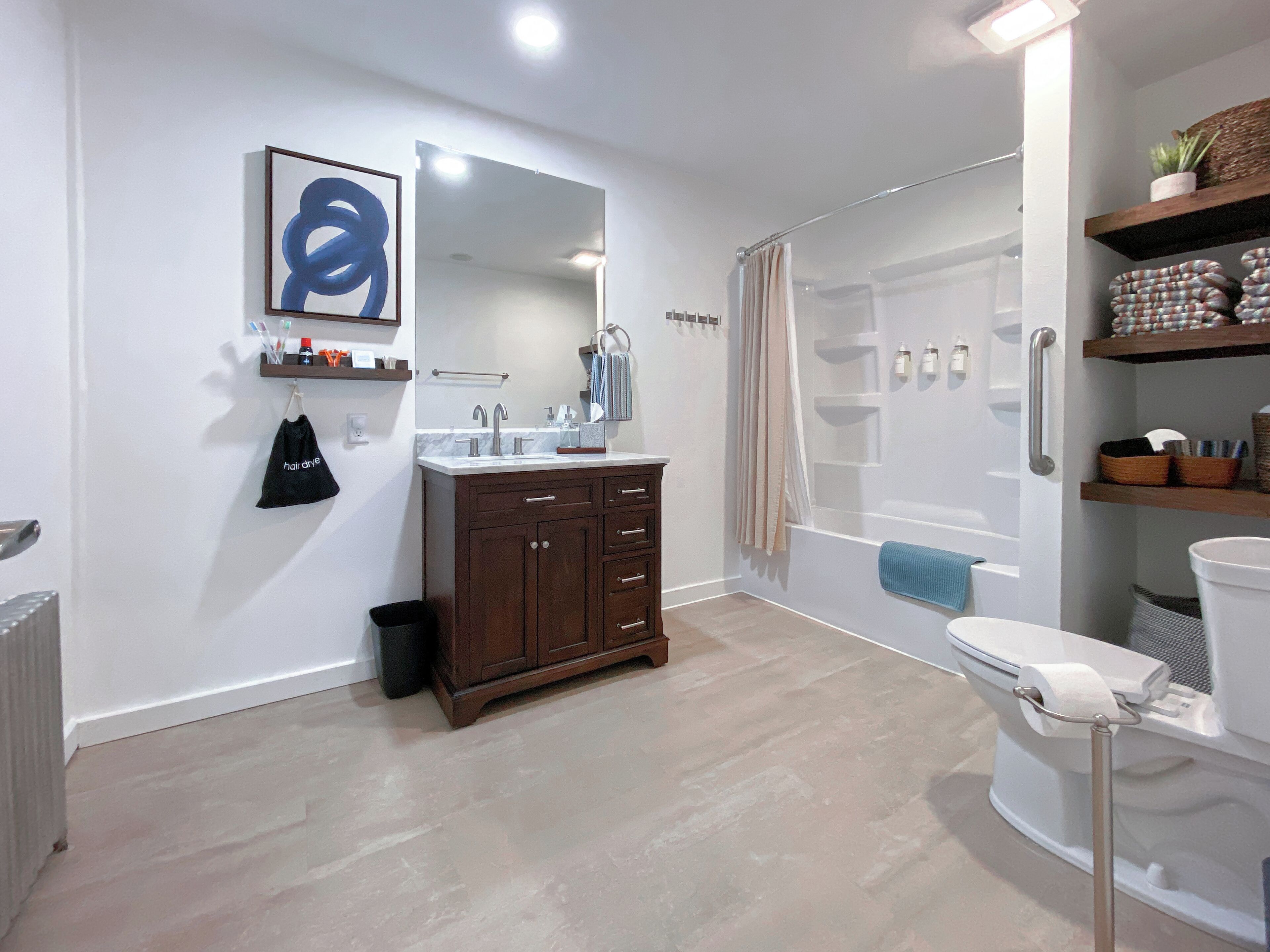 Hair dryer, towels, soap, toilet paper
