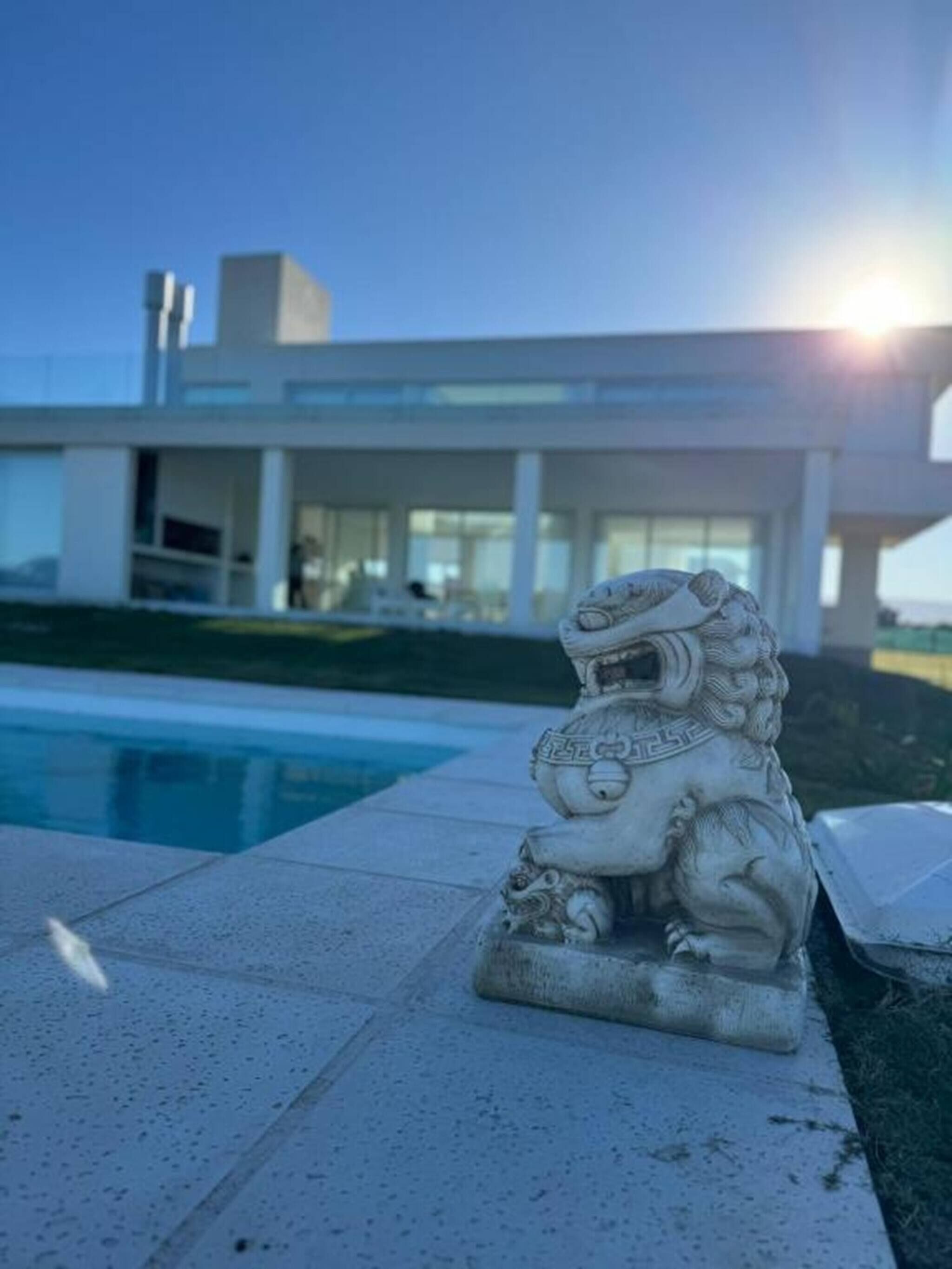 A stone lion statue by a swimming pool with a modern building in the background.