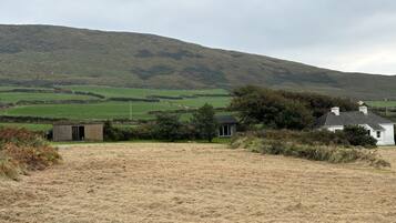 A rural landscape with a white house, a small shed, and a hill in the background.