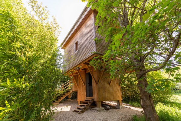 A wooden treehouse with a staircase leading up to a door, surrounded by dense foliage.