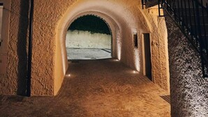 Una entrada arqueada que da a un camino empedrado, con una escalera a la derecha y una lámpara colgante arriba.