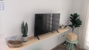 Un salón moderno con una televisión de pantalla plana sobre un estante de madera, una planta en maceta y un aplique de pared.