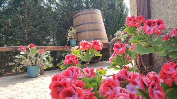 A garden with potted plants and a wooden barrel.