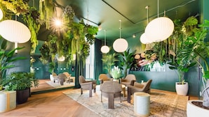 A room with a wooden floor, multiple seating areas, hanging plants, and large white pendant lights. - Modern Studio in Downtown Miami (Miami)