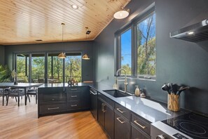 A modern kitchen with dark cabinetry, a black countertop, and a large window providing a view of the outdoors.