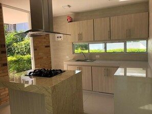 A modern kitchen with a gas stove, a window with a view of greenery, and light wood cabinets.