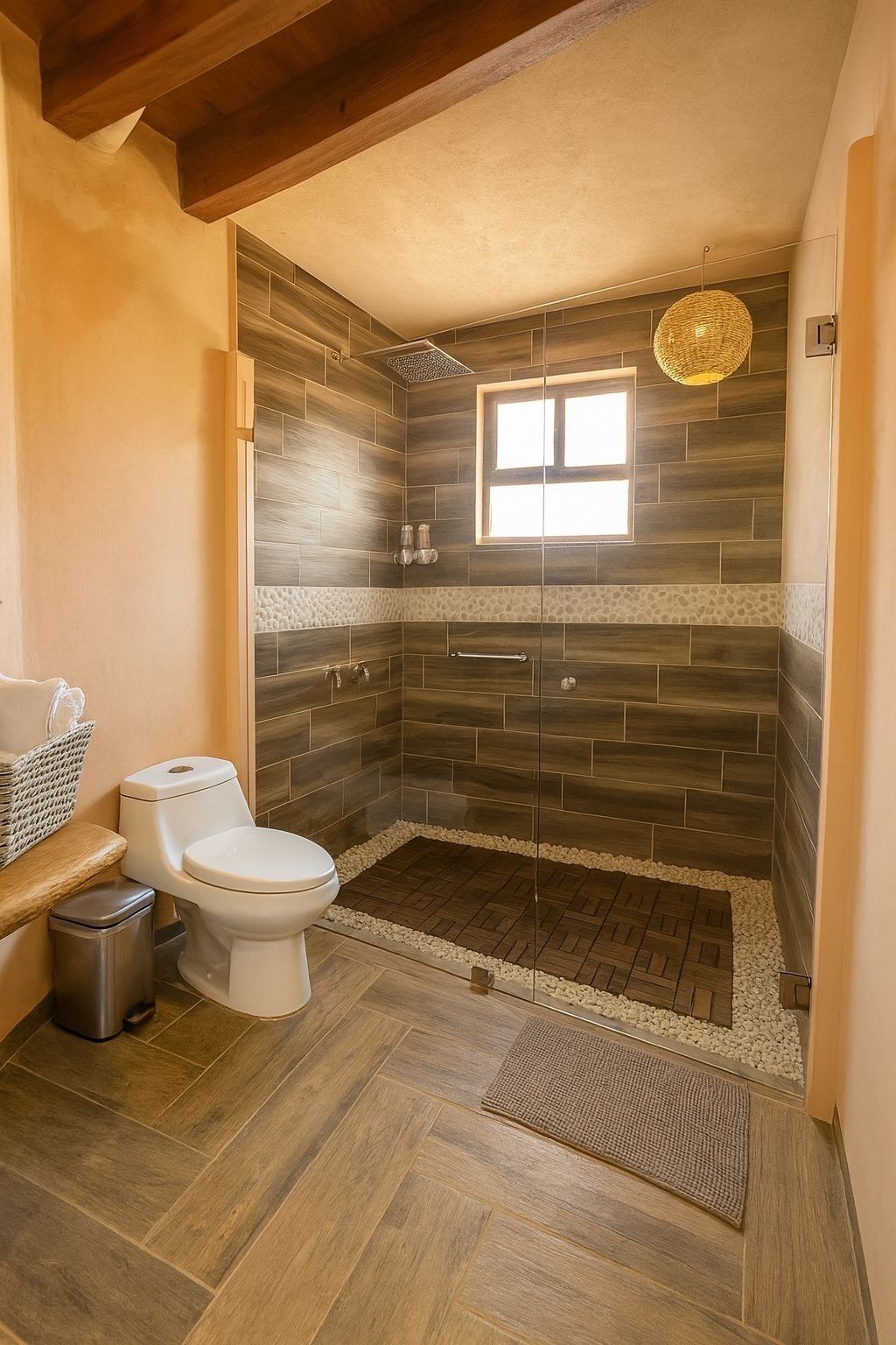 Een badkamer met douche, toilet en een raam.