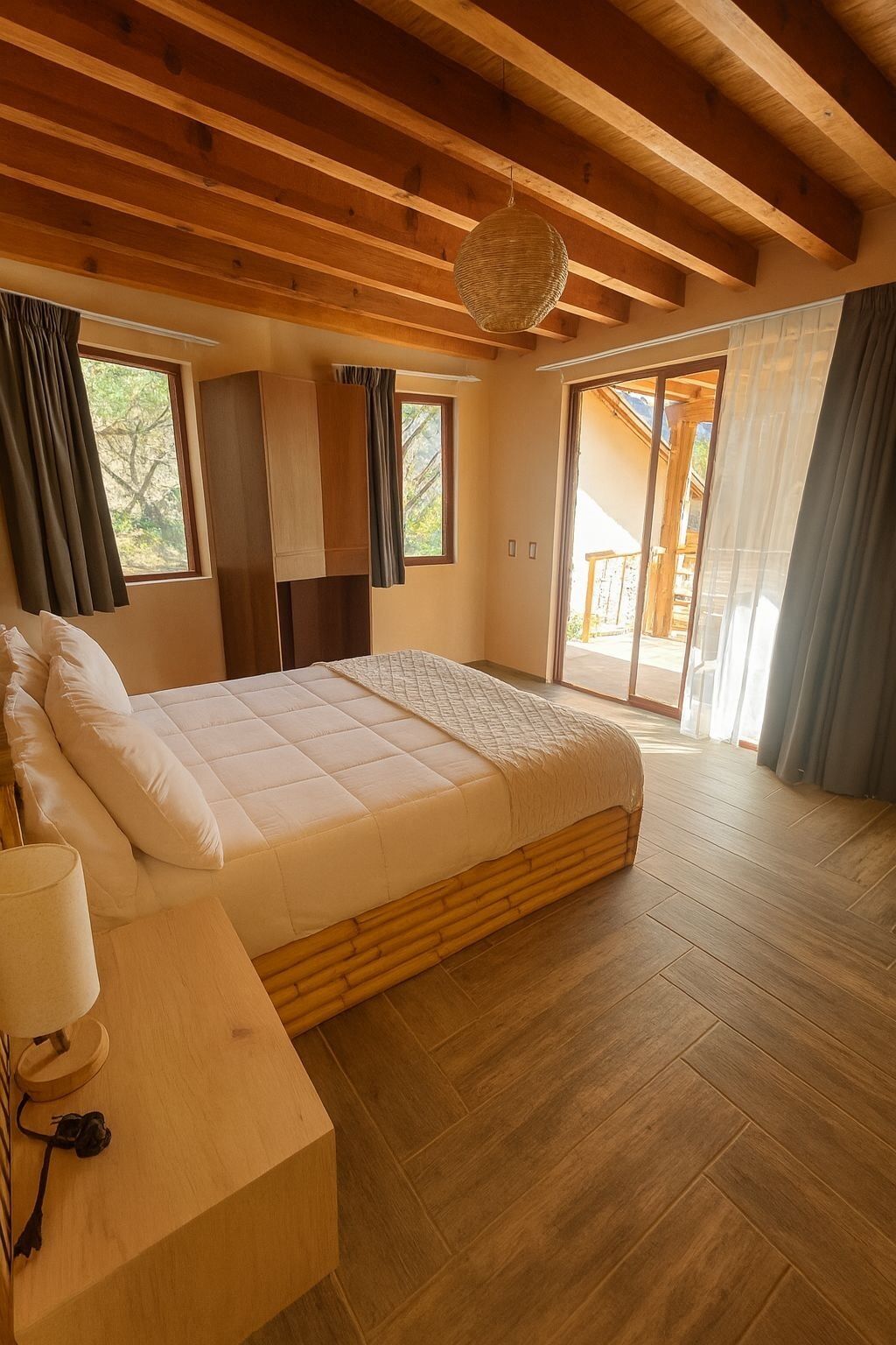 Un dormitorio con cama, piso de madera, techo de madera, ventana y puerta que da a un espacio exterior.