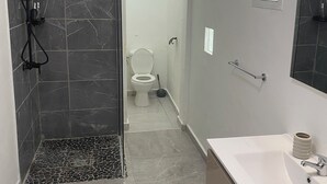 Et moderne badeværelse med bruser, toilet og håndvask.