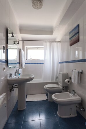 Hair dryer, bidet, towels, soap
